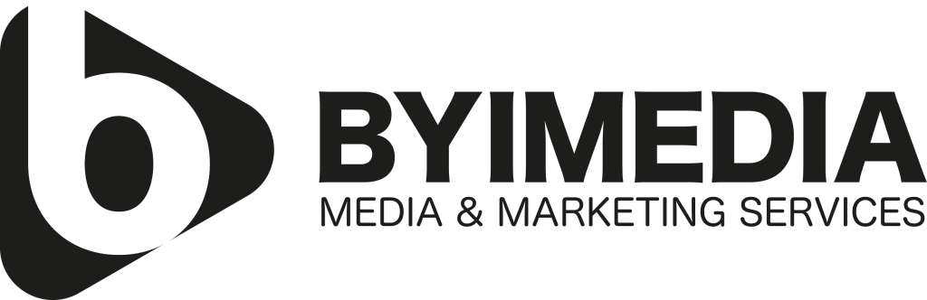 The BYIMEDIA company logo. On the left is a bold, white, lowercase 'b' set against a black, rounded, triangular icon. To the right, the main word "BYIMEDIA" is written in large, dark gray or black capital letters, with the smaller tagline "MEDIA & MARKETING SERVICES" underneath it.