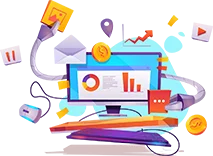 Illustration of a computer monitor displaying charts and data, surrounded by robotic arms, a keyboard, icons for mail and money, and a graph showing growth, symbolizing automated data management or marketing tools.