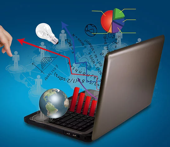 Digital illustration of a laptop on a blue background, surrounded by various business and analysis graphics, including a globe, bar charts, a lightbulb, mathematical equations, and networking icons, representing global data and strategy.