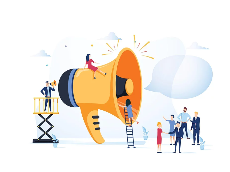 Illustration of a large megaphone used for marketing, with several small people interacting with it: one speaking from a scissor lift, one climbing a ladder, and others gathered below, symbolizing promotion and audience engagement.