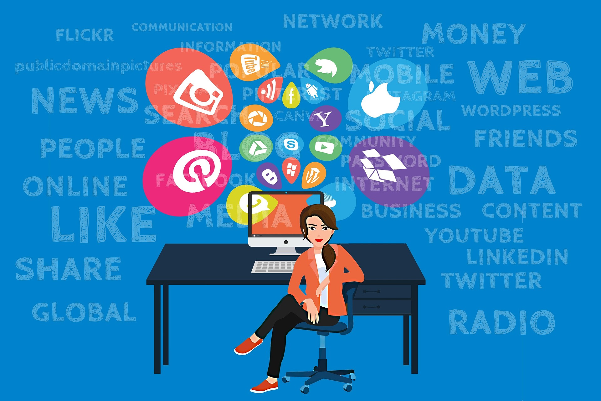 A vector illustration of a woman sitting at a desk with a computer. A large cluster of colorful icons representing various social media and networking platforms (including Facebook, Instagram, Twitter, and YouTube) floats above the monitor. The blue background is densely covered with keywords related to digital life, such as 